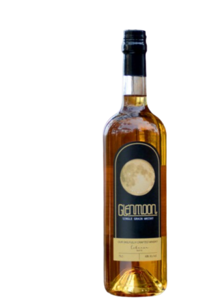 A bottle of Glenmoon Single Grain Whisky, a smooth and well-balanced whisky aged in oak casks, featuring notes of vanilla, caramel, and toasted oak.