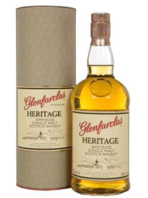 A 70cl bottle of Glenfarclas Heritage Single Malt Whisky, matured in sherry casks for a smooth, rich taste with notes of toffee, dried fruit, and oak.