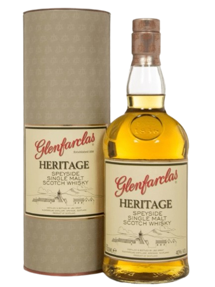 A 70cl bottle of Glenfarclas Heritage Single Malt Whisky, matured in sherry casks for a smooth, rich taste with notes of toffee, dried fruit, and oak.