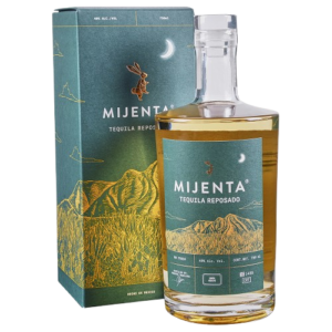 A 75cl bottle of Mijenta Tequila Reposado, aged in oak barrels for a smooth, rich taste with notes of vanilla, honey, caramel, and spice.