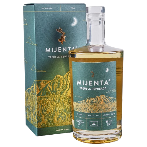 A 75cl bottle of Mijenta Tequila Reposado, aged in oak barrels for a smooth, rich taste with notes of vanilla, honey, caramel, and spice.