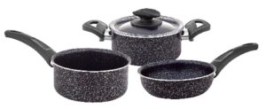 Eco Model Mini 14cm Granite Cookware Set with Deep Pot, Sauce Pan, Frypan, Glass Lid & Black Bakelite Handles