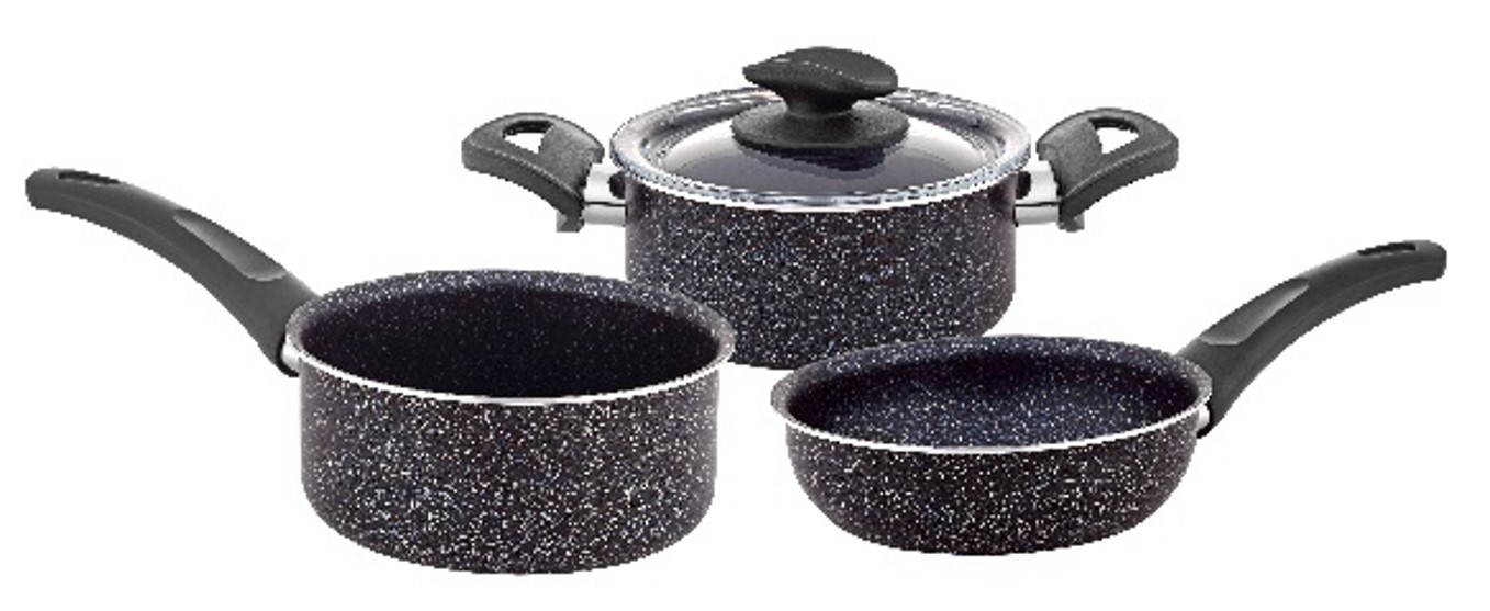Eco Model Mini 14cm Granite Cookware Set with Deep Pot, Sauce Pan, Frypan, Glass Lid & Black Bakelite Handles