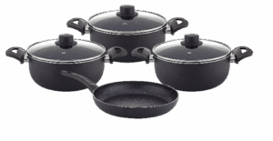 Eco Model 7-Piece Granite Cookware Set with 18, 22, 26 cm Deep Pots, 26 cm Frypan, Glass Covers, Black Bakelite Handles