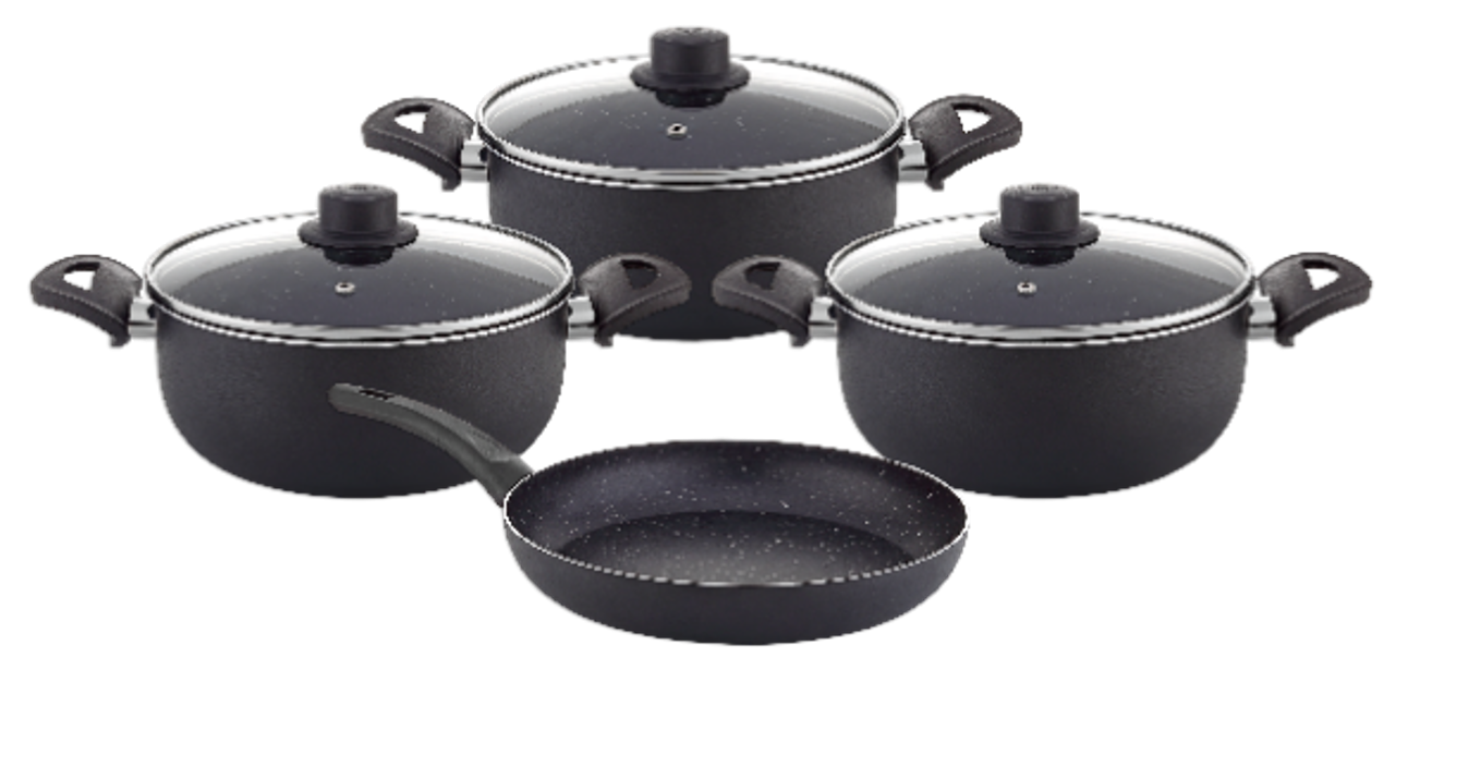 Eco Model 7-Piece Granite Cookware Set with 18, 22, 26 cm Deep Pots, 26 cm Frypan, Glass Covers, Black Bakelite Handles