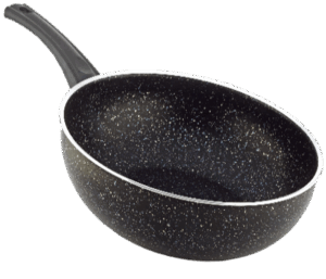 Tetra 8-piece granite-coated cookware set with black Bakelite handles in brown straw gift box