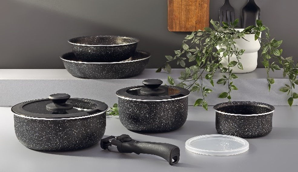 Mira Bella Granite Cookware Set with 18, 22 cm Deep Pots, 14 cm Sauce Pan, 22, 26 cm Frypans, Thick Aluminum Base & Edge, Granite Coating