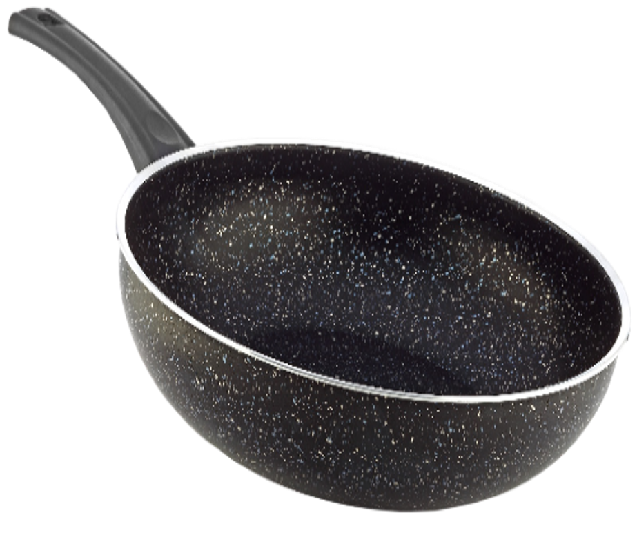 Tetra 8-piece granite-coated cookware set with black Bakelite handles in brown straw gift box