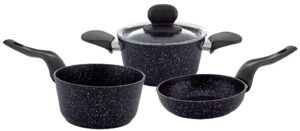 Tetra 3-piece mini cookware set with granite coating and black Bakelite handles in gift color box