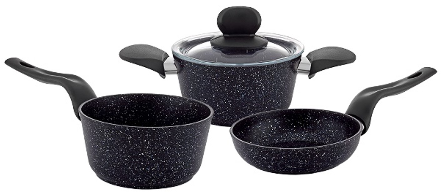 Tetra 3-piece mini cookware set with granite coating and black Bakelite handles in gift color box