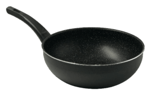Eco 8-piece granite-coated wok pan set with black Bakelite handles and plain black exterior in brown straw box