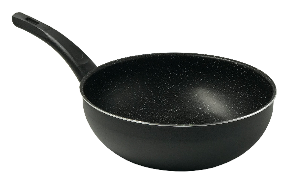 Eco 8-piece granite-coated wok pan set with black Bakelite handles and plain black exterior in brown straw box
