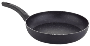 Eco 12-piece granite-coated frying pan set with black Bakelite handles and plain black exterior, sizes 26cm to 32cm, in brown straw box