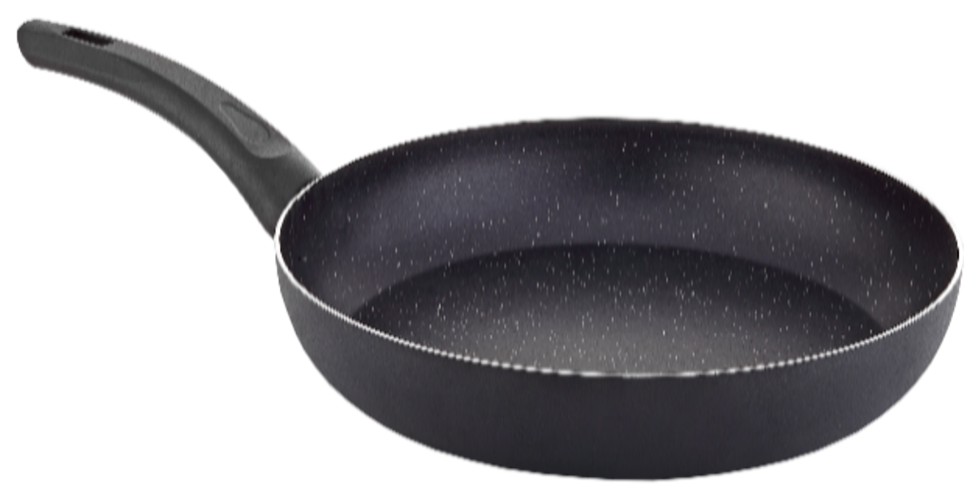 Eco 12-piece granite-coated frying pan set with black Bakelite handles and plain black exterior, sizes 26cm to 32cm, in brown straw box