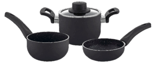 Eco 12-piece mini cookware set with granite coating, black Bakelite handles, and glass lids in brown box – includes 12cm deep pot, saucepan, and frypan