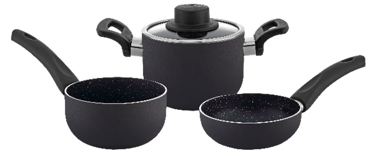 Eco 12-piece mini cookware set with granite coating, black Bakelite handles, and glass lids in brown box – includes 12cm deep pot, saucepan, and frypan