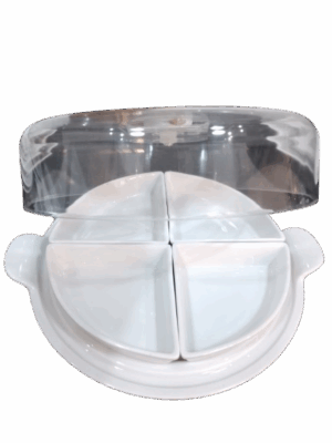 White 4-section breakfast serving dish with transparent lid on black kitchen countertop