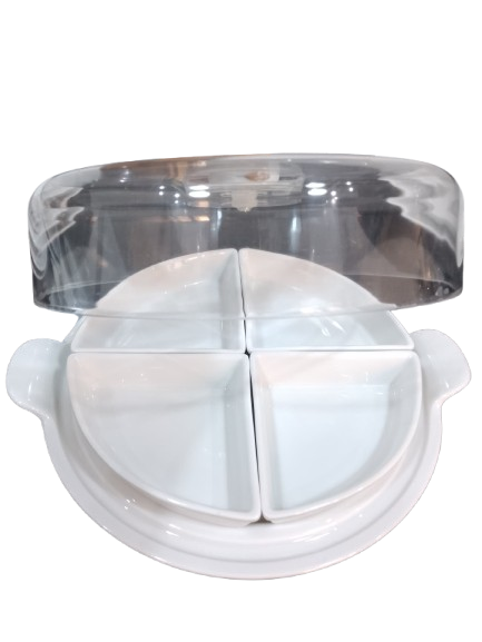 White 4-section breakfast serving dish with transparent lid on black kitchen countertop